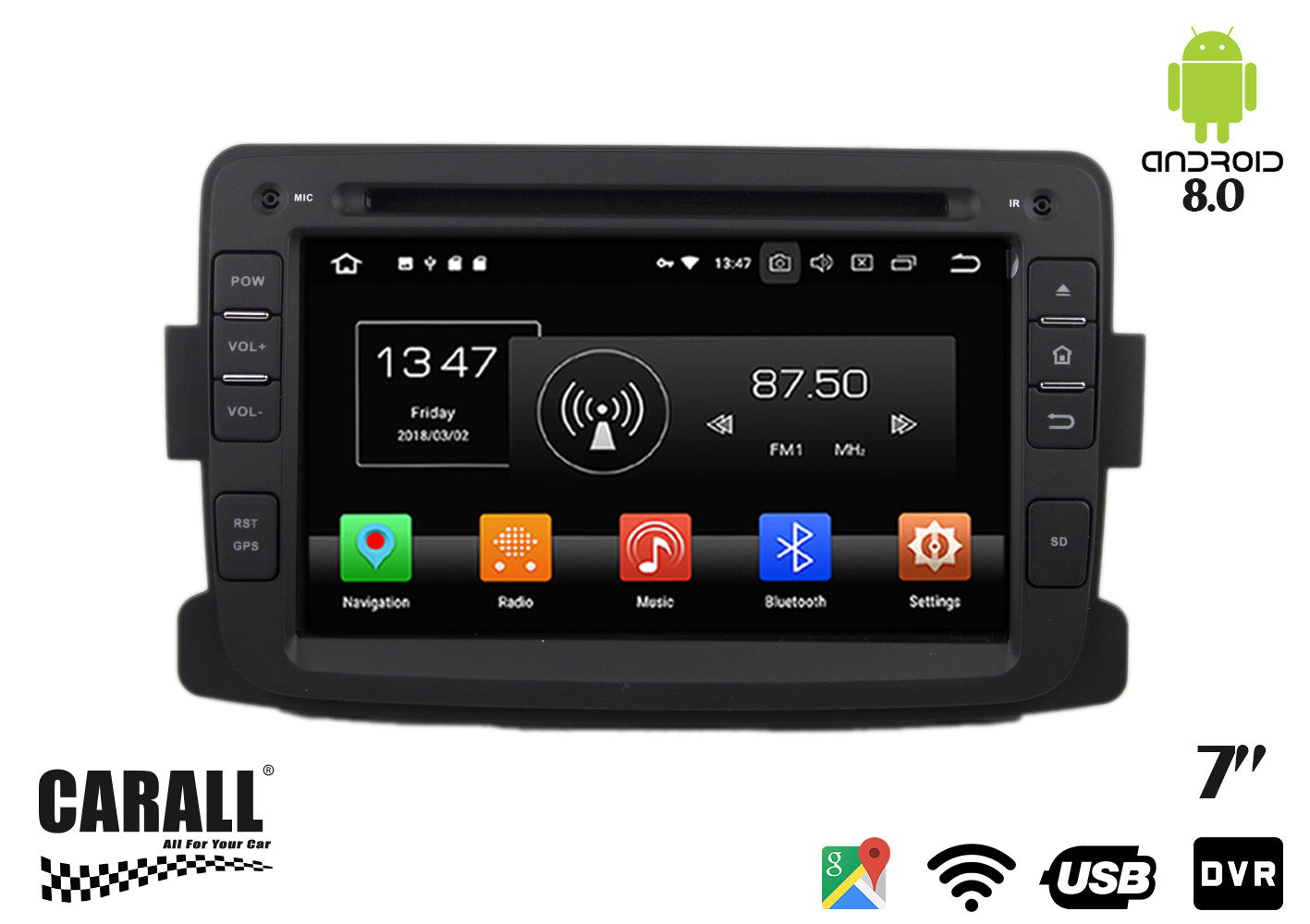 Autoradio Android 8,0 Dacia Duster GPS DVD USB SD WI-FI Bluetooth Navigatore