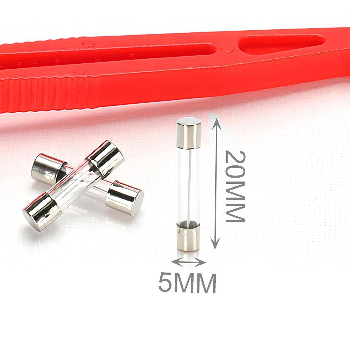 10 Fusibili In Vetro D5mm X L20mm 1A 2A 3A 5A 6.3A 10A 15A 20A 25A 30A + Pinza Fusibile