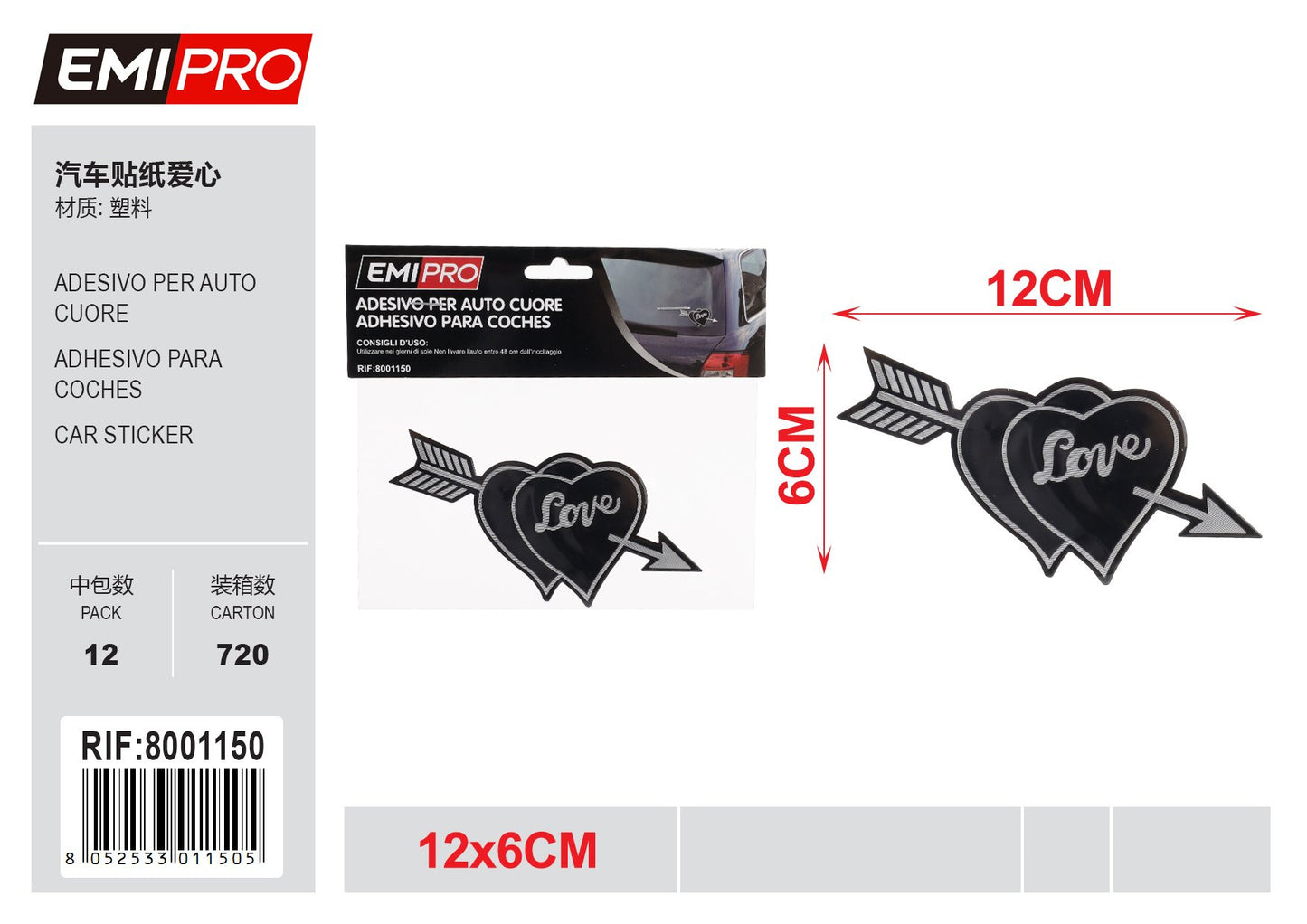 2 PZ Adesivo per Auto Forma Cuoricino 6x12cm Resistente all' Autolavaggio Per Auto Scooter Camion