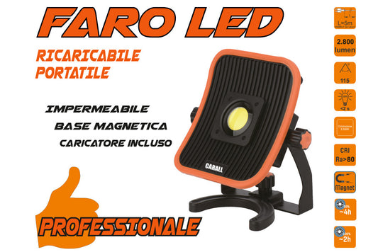 Proiettore Faro Led Flood Professionale 30W Ricaricabile e Cavo 5 Metri Dual System Base Magnetica Batteria Estraibile Utilizzab