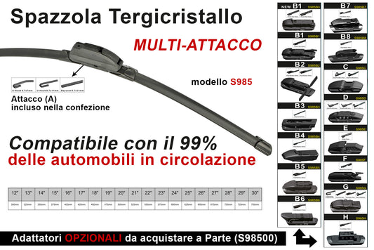 Spazzola Tergicristallo Auto Universale S985 14'' 350mm Carall 16 Attacchi Opzionale