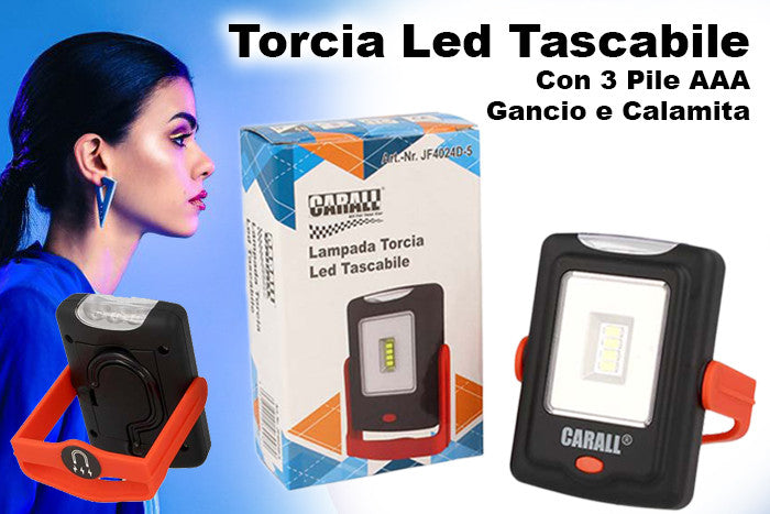 Torcia Led Tascabile Con 3 Pile AAA Gancio Calamita